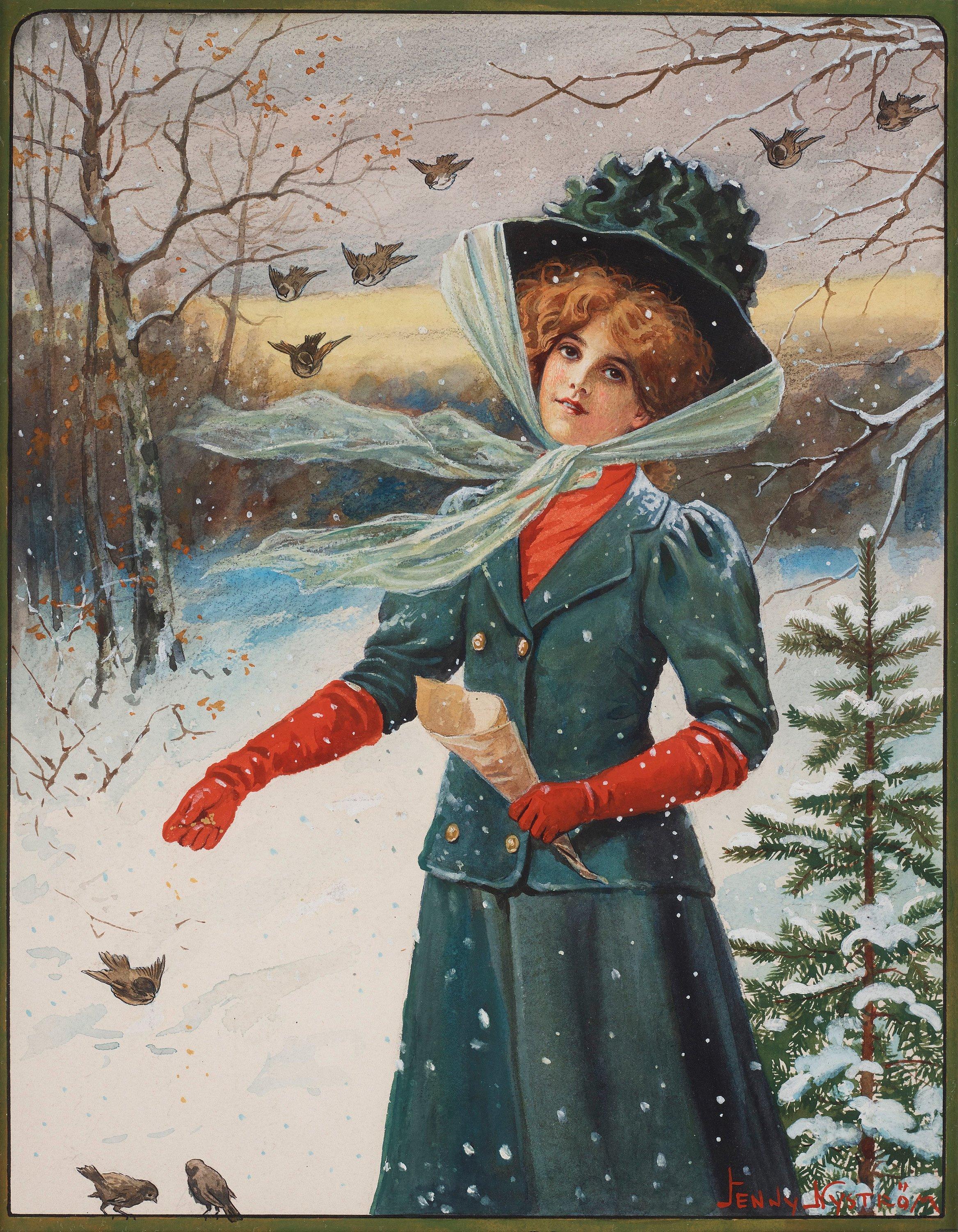 Jenny Nyström - You woman feeding birds in the snow