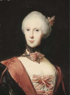 Jens Juel - Portrait of a lady, half-length, in a black and pink cape with pink and white bows