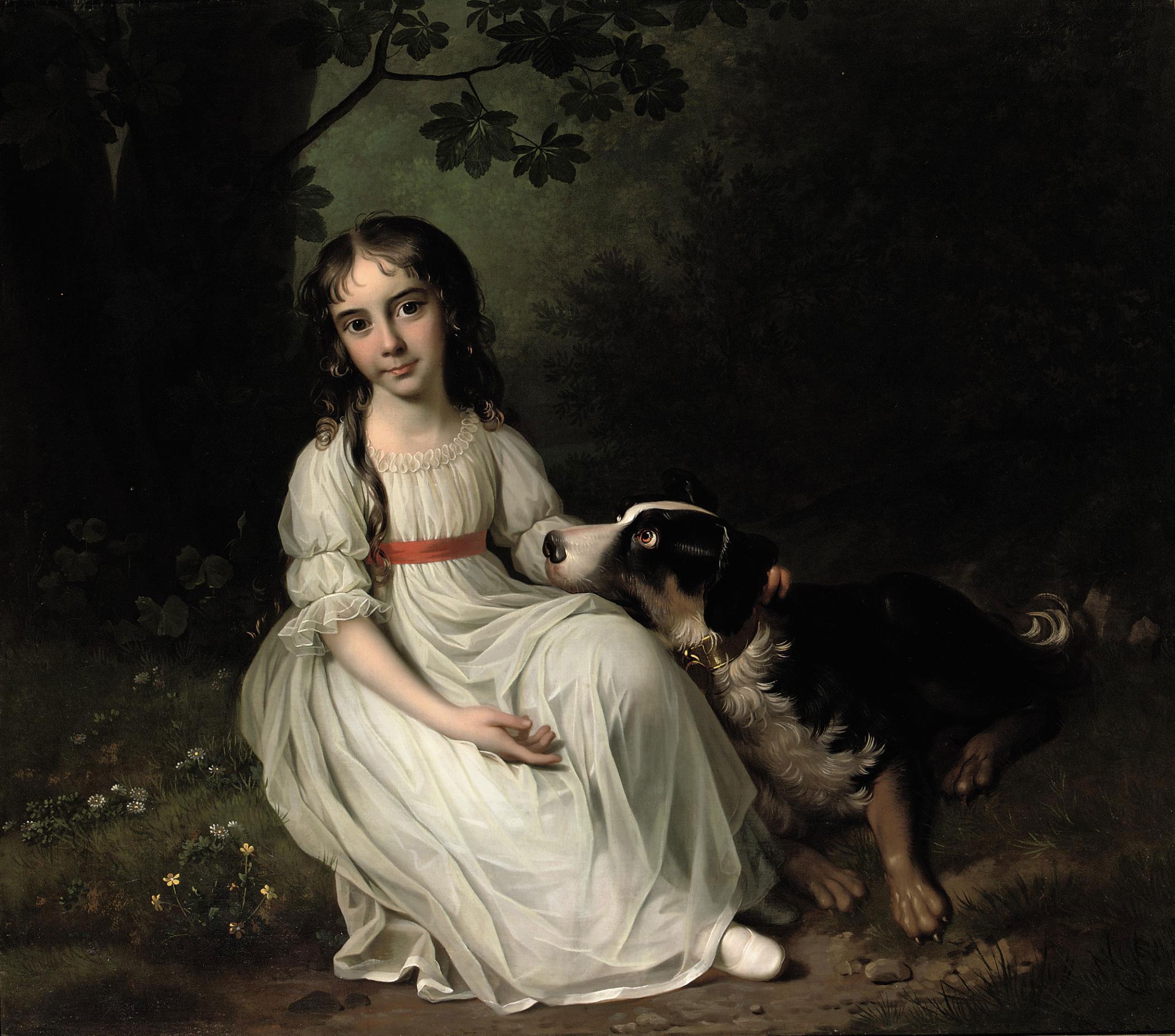 Jens Juel - Portrait of Frederikke Maria Sophia Brockdorff, seated full-length, in a white dress, in a park landscape with her dog beside her