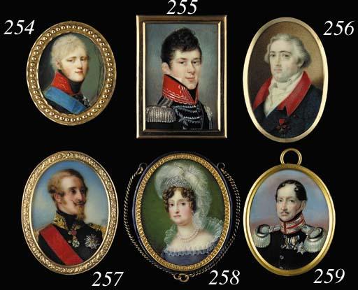 Jeremia David Alexander Fiorino - Princess Maria Amalia of Saxony, facing left in lavender-coloured dress with high standing lace collar, double pearl necklace, pearl set tiara with large white ostrich plumes in her curled brown hair