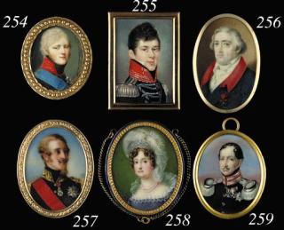 Jeremia David Alexander Fiorino - Princess Maria Amalia of Saxony, facing left in lavender-coloured dress with high standing lace collar, double pearl necklace, pearl set tiara with large white ostrich plumes in her curled brown hair