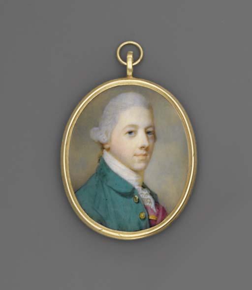 Jeremiah Meyer, R.A. - A Young Gentleman, In Green Coat With Gold Buttons, Gold-Bordered Deep Pink Waistcoat And Lace Cravat, Powdered Hair En Queue