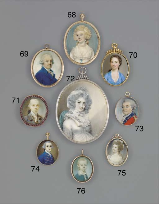 Jeremiah Meyer, R.A. - A young gentleman, in purple coat with gold-bordered button holes, white waistcoat with gold button holes, lace cravat, powdered wig en queue