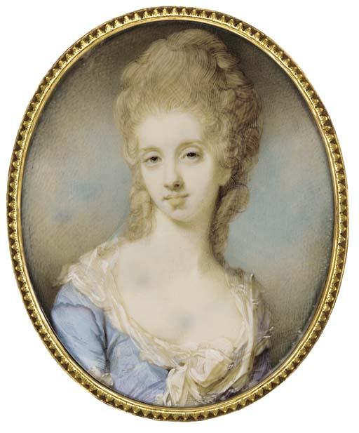 Jeremiah Meyer, R.A. - A young lady, facing left in pale blue dress with lace-bordered underdress with large white bow at corsage, her fair hair curled and upswept