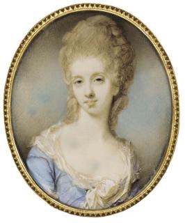 Jeremiah Meyer, R.A. - A young lady, facing left in pale blue dress with lace-bordered underdress with large white bow at corsage, her fair hair curled and upswept