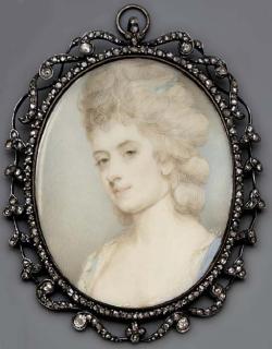 Jeremiah Meyer, R. A. - A young lady, facing left in pale blue dress with white underdress, pale blue ribbon in her upswept and powdered curling hair