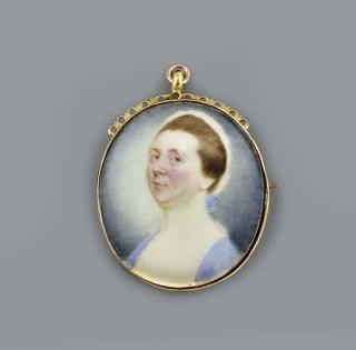 Jeremiah Meyer, R.A. - A young lady, facing left in white dress with blue surcoat, white bonnet tied with blue bow at neck in her upswept brown hair (unfinished)