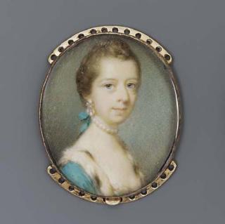 Jeremiah Meyer, R.A. - A young lady, facing right in lace-bordered white dress, ermine-bordered turquoise surcoat, pearl necklace tied with turquoise ribbon, cluster drop pearl earrings, her light brown hair plaited and upswept