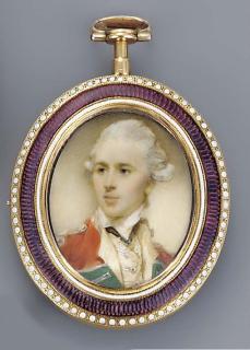 Jeremiah Meyer, R.A. - A young officer, facing left in red coat with white bordered green facings, silver epaulettes, white waistcoat, white shirt and black cravat, powdered hair en queue