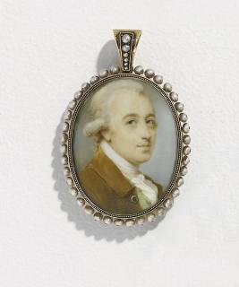 Jeremiah Meyer - William Woodville (1733-1815) of Edge Hill, Co. Lancaster, in umber brown jacket, light green waistcoat, white frilled-linen shirt and cravat, powdered wig en queue