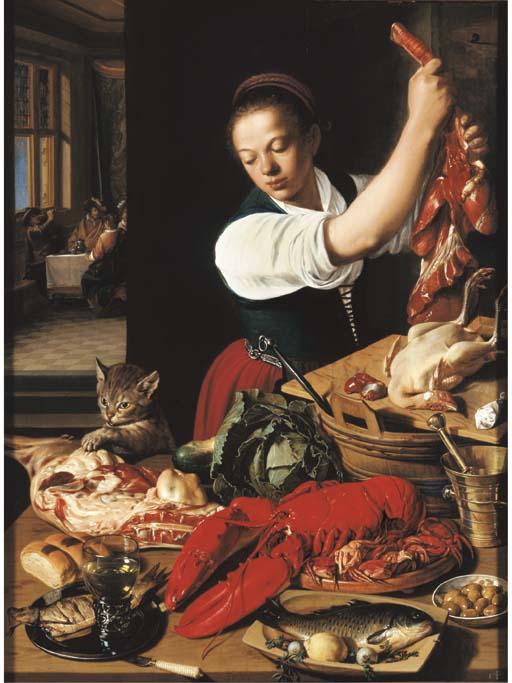 Jeremias Van Winghe - A kitchen interior with a maid preparing meat and gentlemen drinking at a table beyond