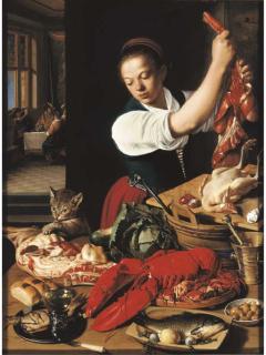 Jeremias Van Winghe - A kitchen interior with a maid preparing meat and gentlemen drinking at a table beyond