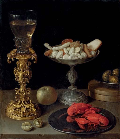 Jeremias van Winghe - A roemer on a silver-gilt bekerschroef, sweetmeats in a silver tazza, langoustines on a plate, walnuts and an apple on a table top