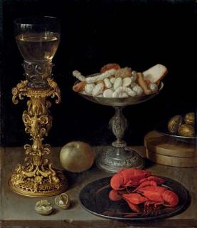 Jeremias van Winghe - A roemer on a silver-gilt bekerschroef, sweetmeats in a silver tazza, langoustines on a plate, walnuts and an apple on a table top
