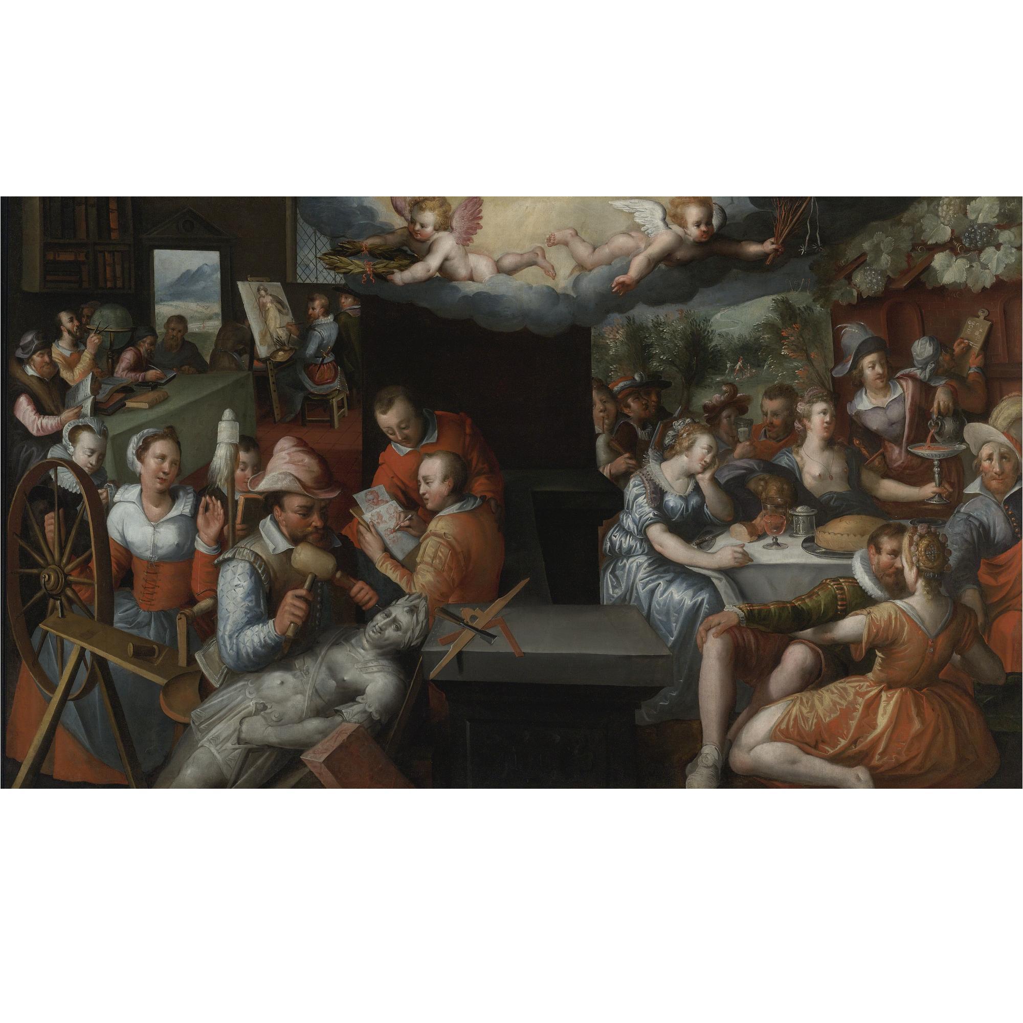 Jeremias van Winghe - The Glorification Of Art And Diligence And The Punishment Of Gluttony And Earthly Pleasures