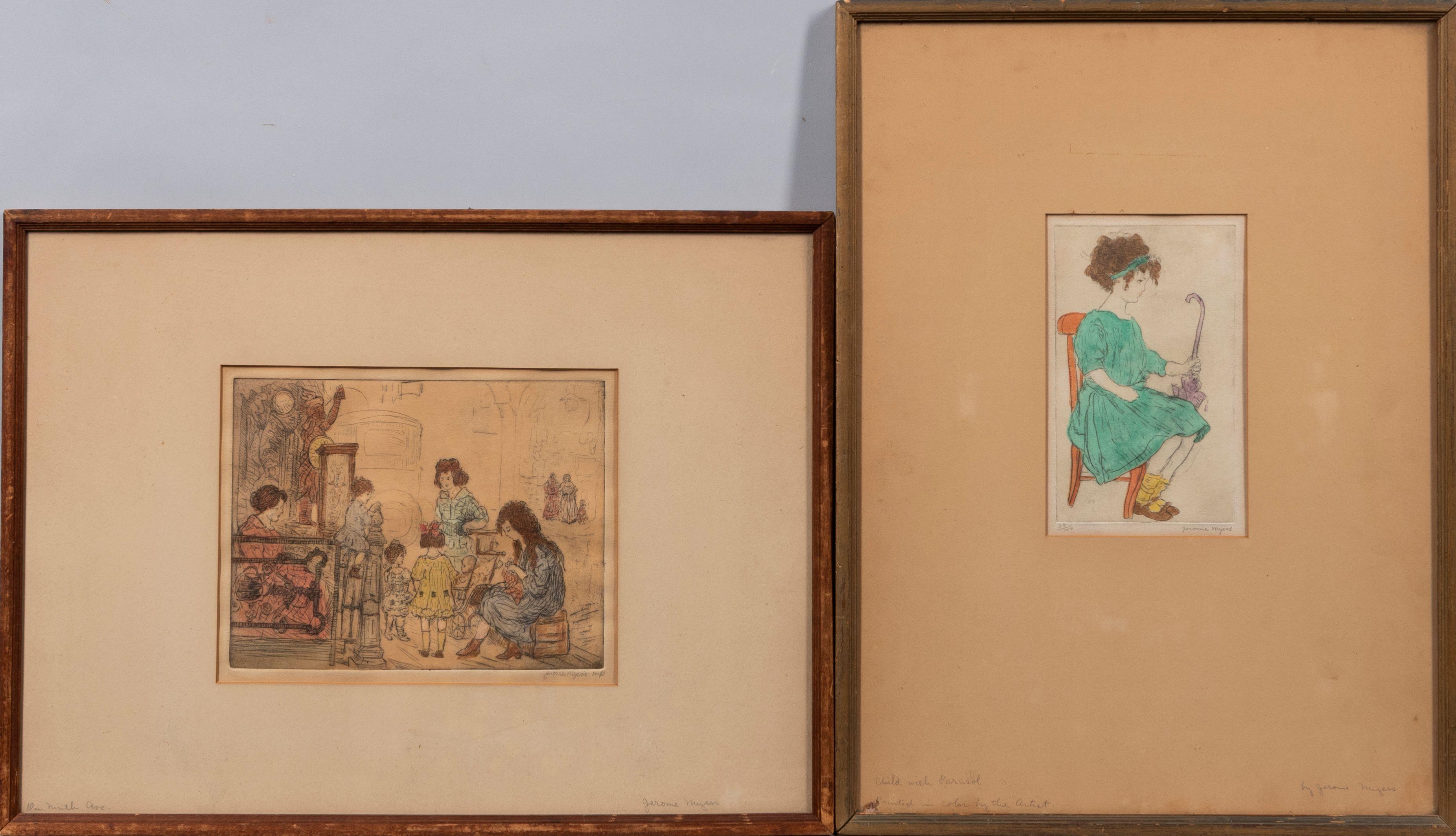 Jerome Myers - Two Color Etchings: On Ninth Ave and Child with Parasol