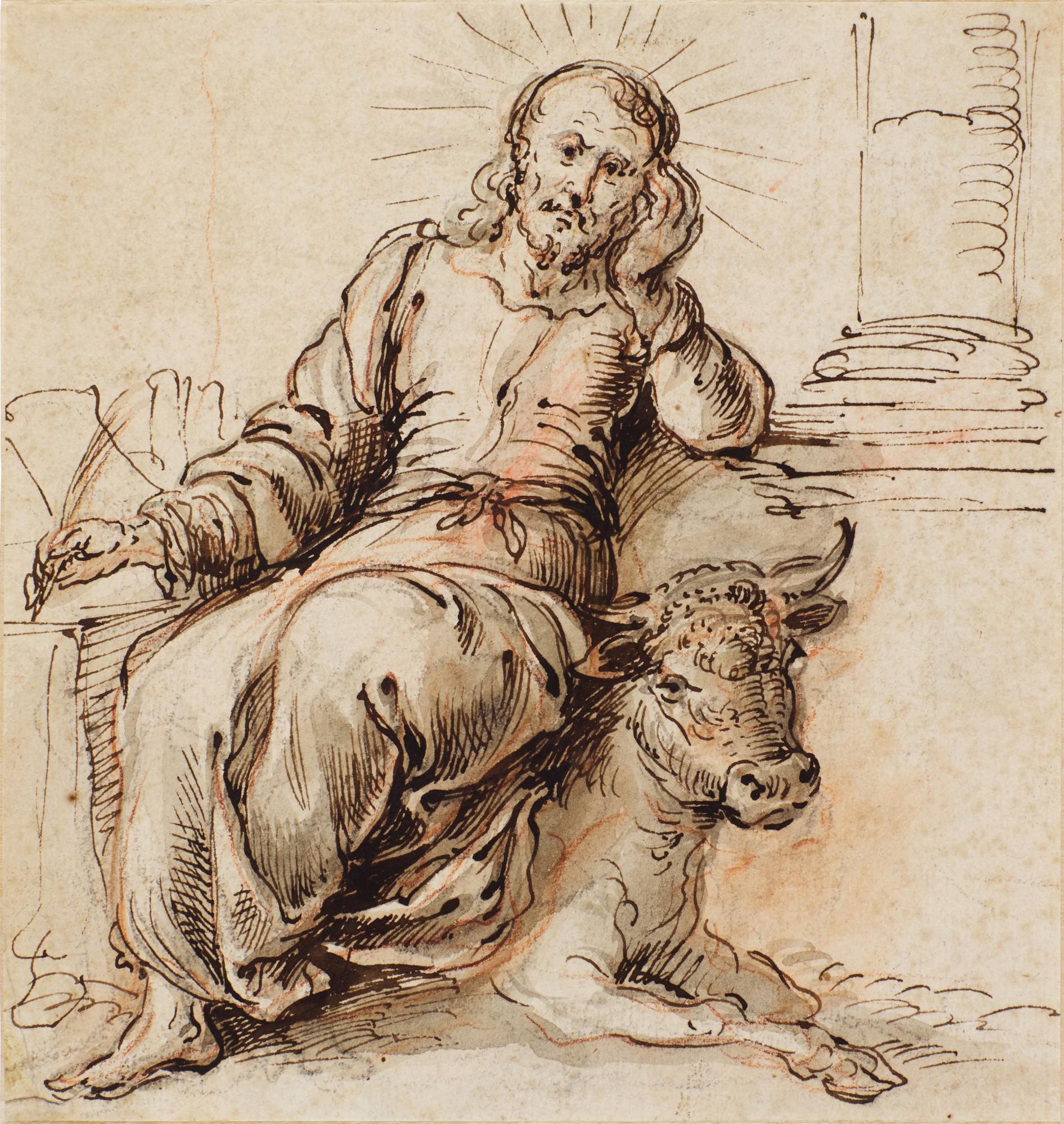 Jerónimo de Bobadilla - Recto: Saint Luke seated on a bull Verso: Two hands holding a quill