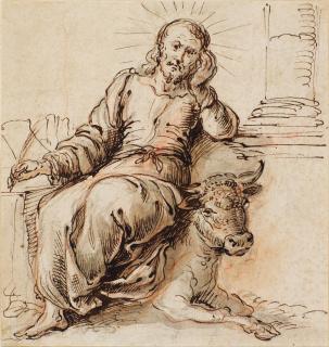 Jerónimo de Bobadilla - Recto: Saint Luke seated on a bull Verso: Two hands holding a quill