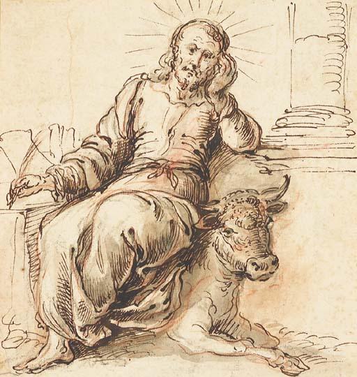 Jerónimo de Bobadilla - Saint Luke writing, seated on a bull (recto); Two hands holding a quill (verso)