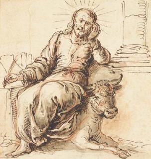 Jerónimo de Bobadilla - Saint Luke writing, seated on a bull (recto); Two hands holding a quill (verso)