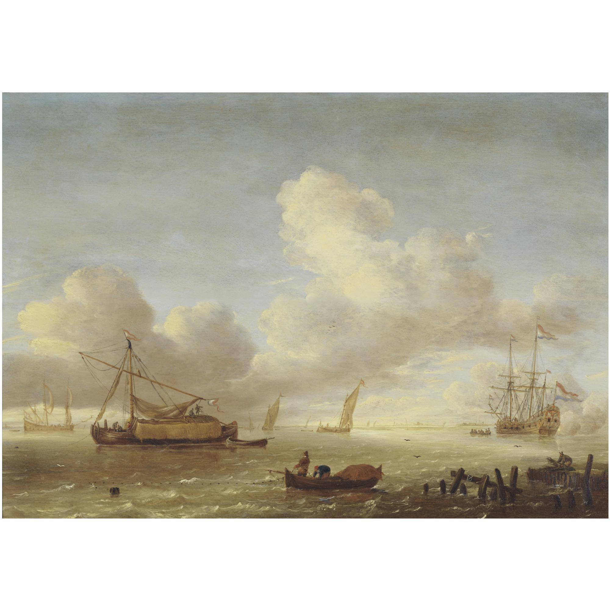 Jeronimus van Diest - Ships In An Estuary With Fishermen And A Jetty In The Foreground