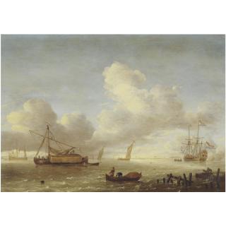 Jeronimus van Diest - Ships In An Estuary With Fishermen And A Jetty In The Foreground
