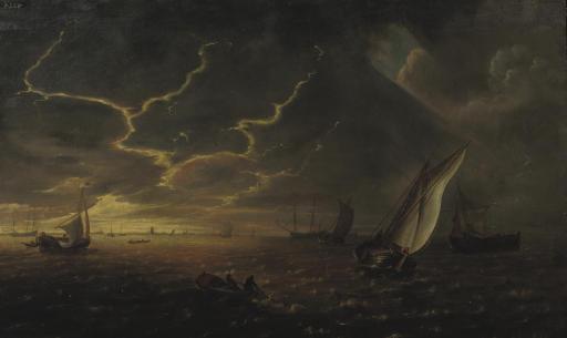 Jeronymus Van Diest - Shipping in choppy waters at sunset