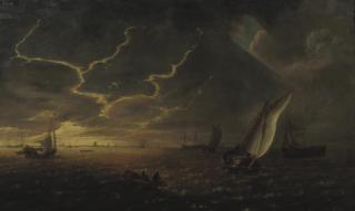 Jeronymus Van Diest - Shipping in choppy waters at sunset