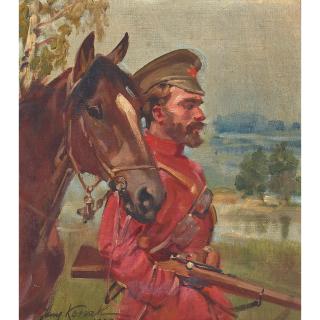 Jerzy Kossak - A portrait of a military man with horse