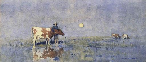 Jesse Jewhurst Hilder - Boy with Calf in Meadow