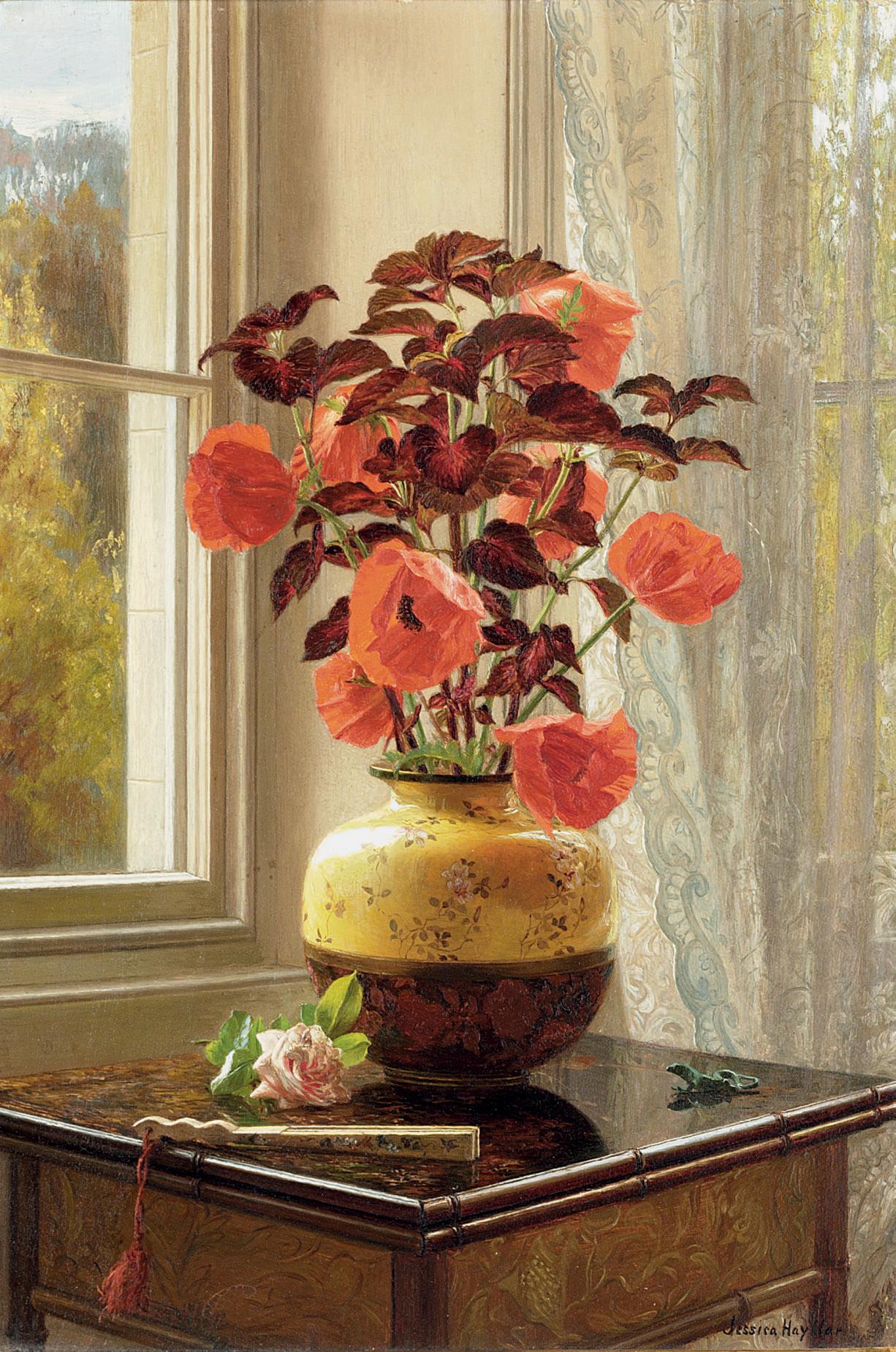 Jessica Hayllar - Oriental Poppy and Coleus in a Cloisonné vase, with a fan on a faux bamboo table