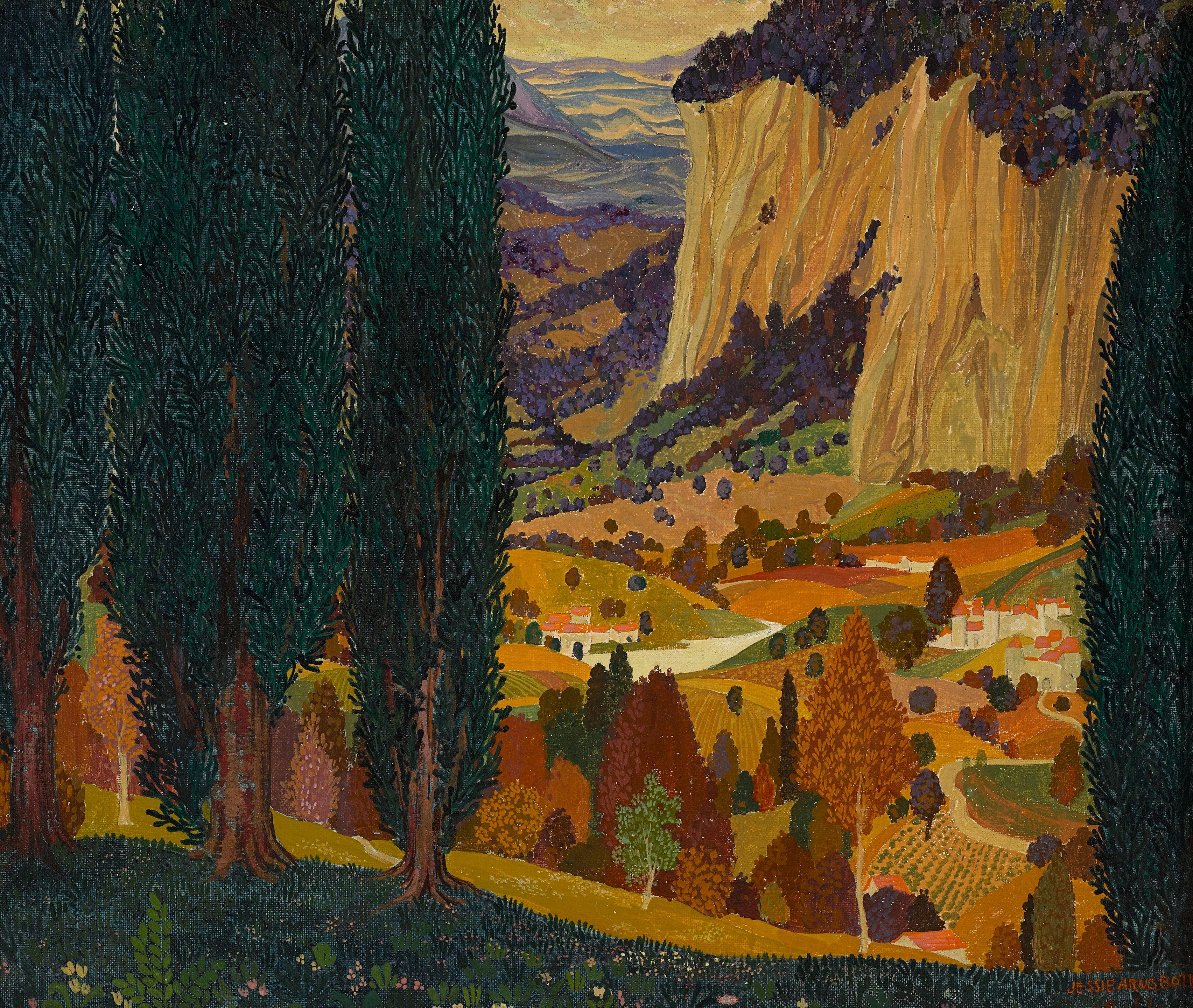 Jessie Arms Botke - Landscape with Cypress Trees