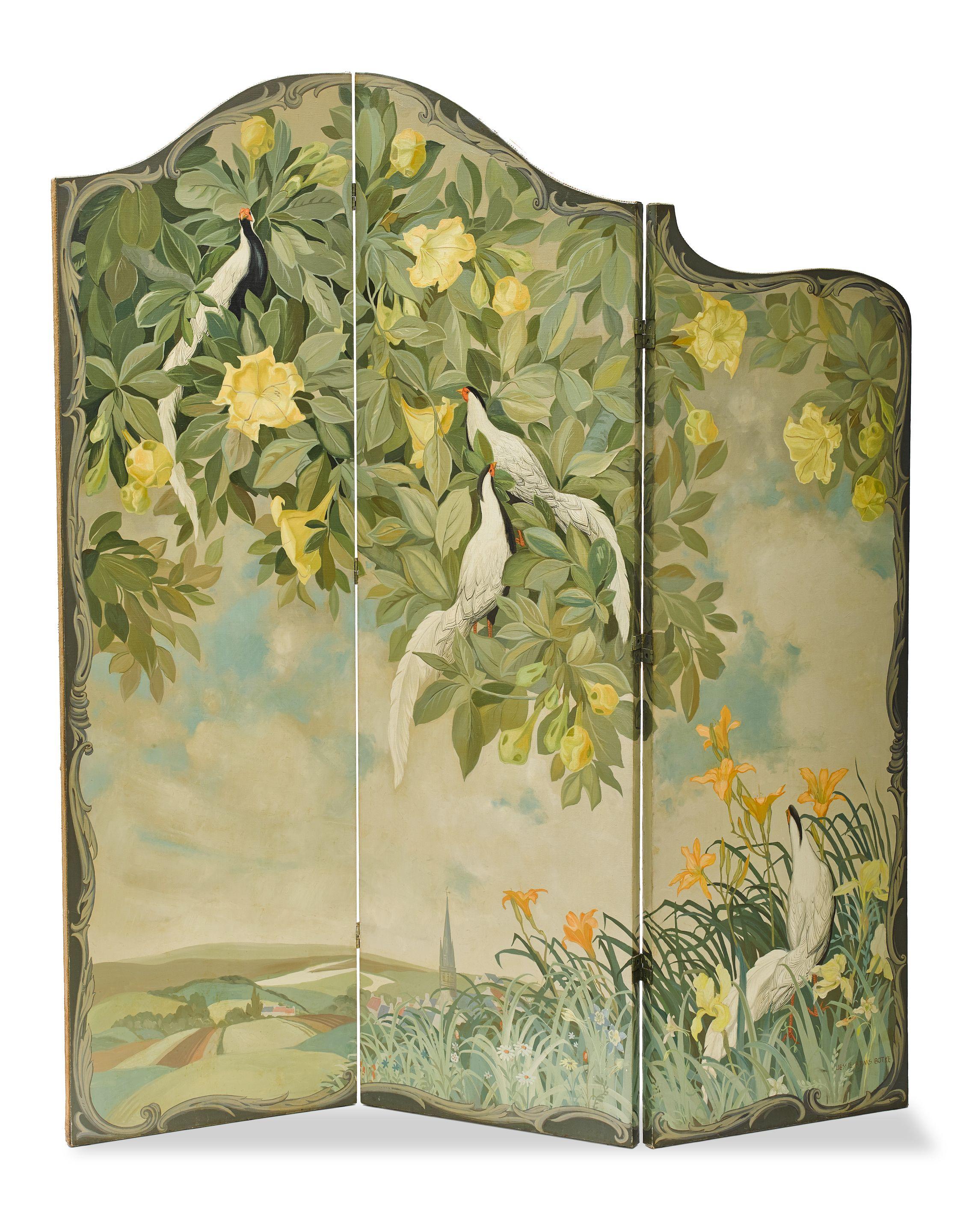 Jessie Arms Botke - White peacocks and Copa de Oro (Three panel screen)