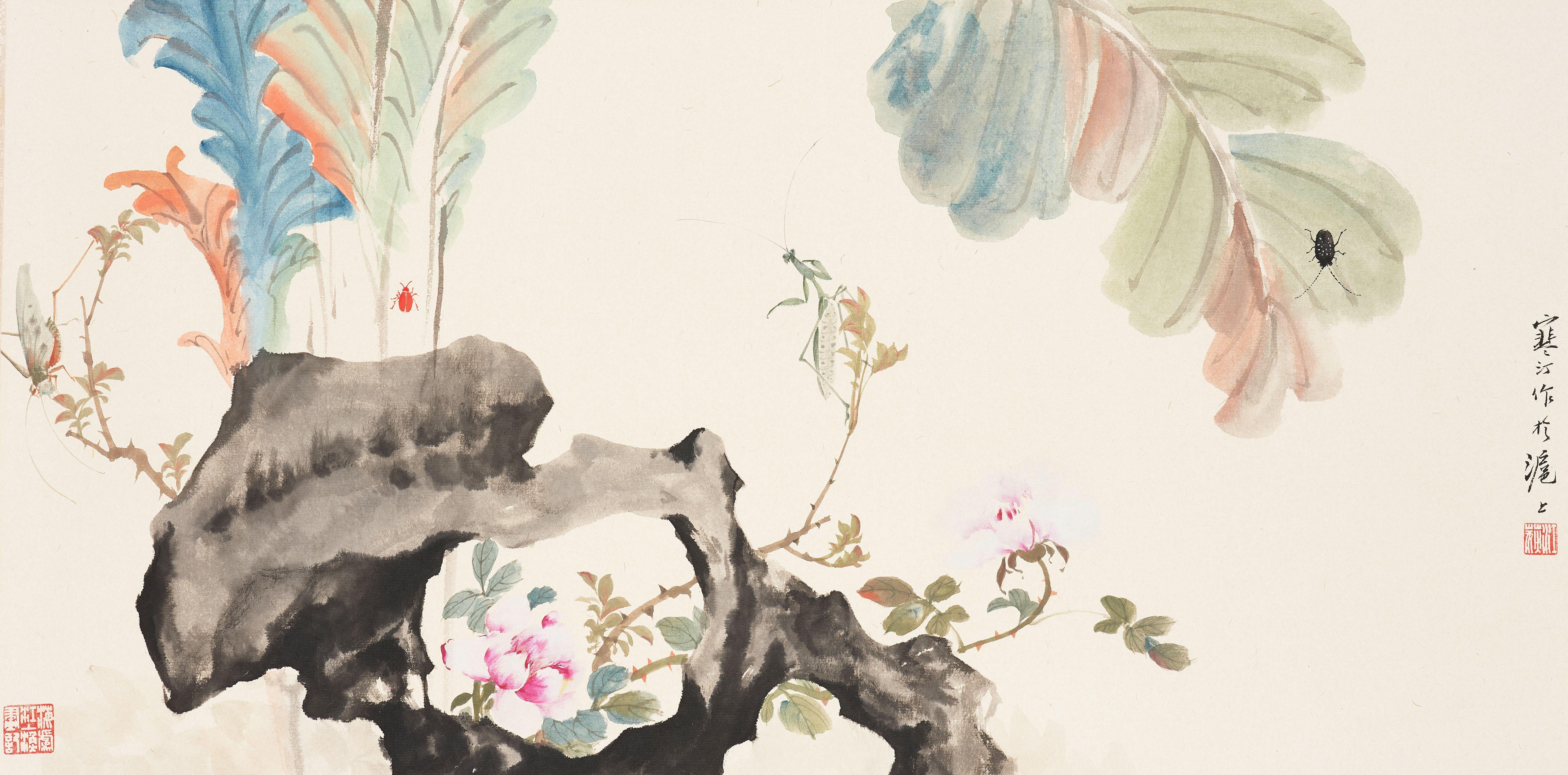 Jiang Hanting - Insects Amongst Flowers and Rocks