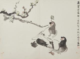 Jiang Zhaohe - Two Pigeons And Green Plum Blossoms