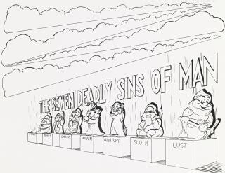 Jim Shaw - Study For Dream Object (Irregularly Shaped Canvas: Superman In Blake Scene From Comic Illustration With Compact Vacuum Cleaner; Decalcomania Cave Of Blood Diamonds; 7 Deadly Sins; 7 Dwarfs)