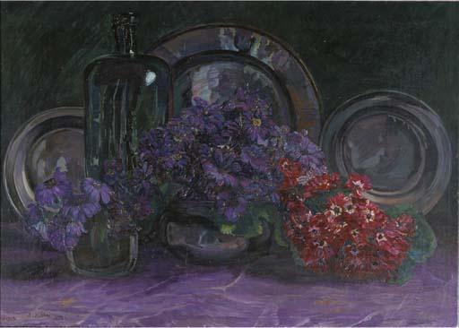 Jo Koster - A still life with anemones, a bottle and pewter plates
