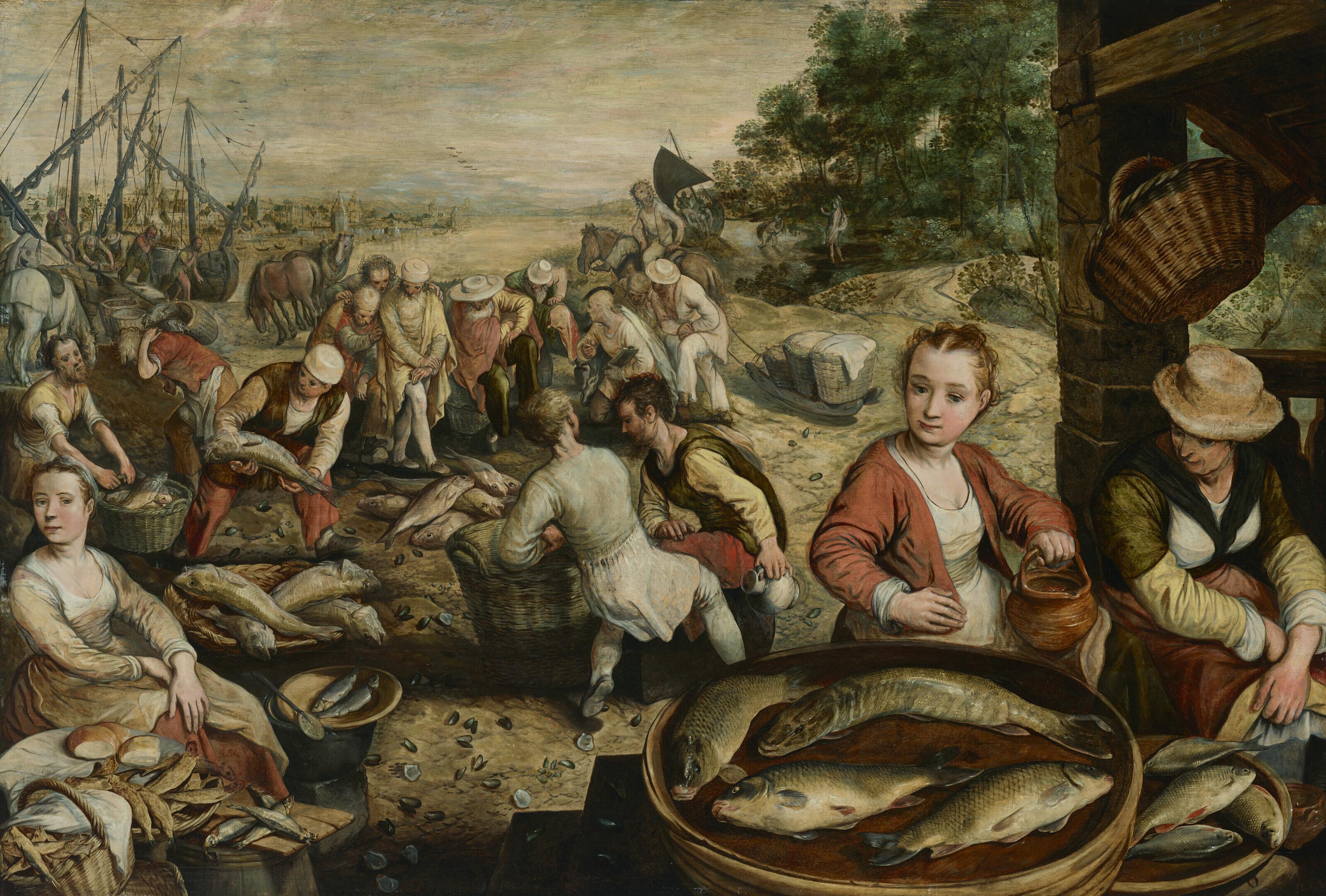 Joachim Beuckelaer - A fish market with the Antwerp harbor and the Miraculous Draught of Fishes in the distance