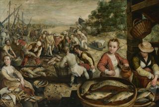 Joachim Beuckelaer - A fish market with the Antwerp harbor and the Miraculous Draught of Fishes in the distance