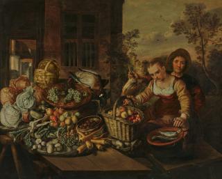 Joachim Beuckelaer - A poultry dealer and a young woman with an array of fruit, vegetables, fish and game on a table before a house