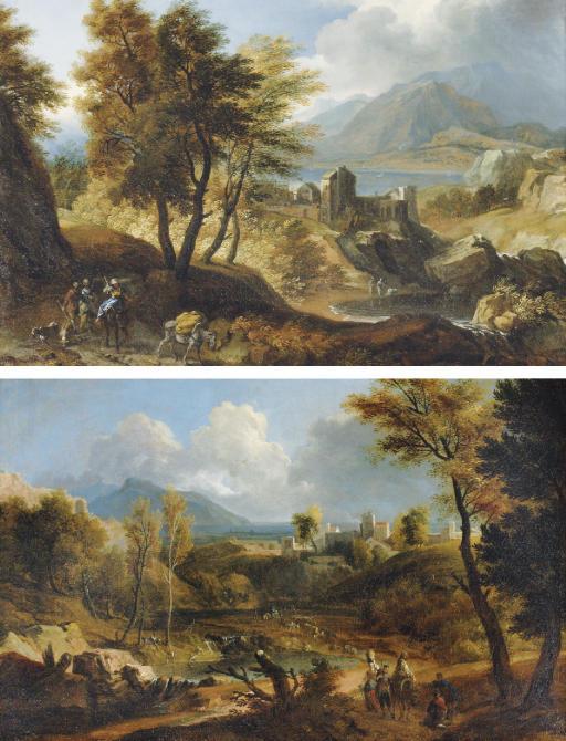 Joachim Franz Beich - A mountainous river landscape with travellers on a track, a fortified town beyond; and A mountainous wooded landscape with travellers near a lake, a town beyond