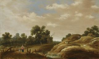 Joachim Govertsz. Camphuysen - A Dune Landscape With A Peasant Woman And Child On A Path, Farm Houses Beyond
