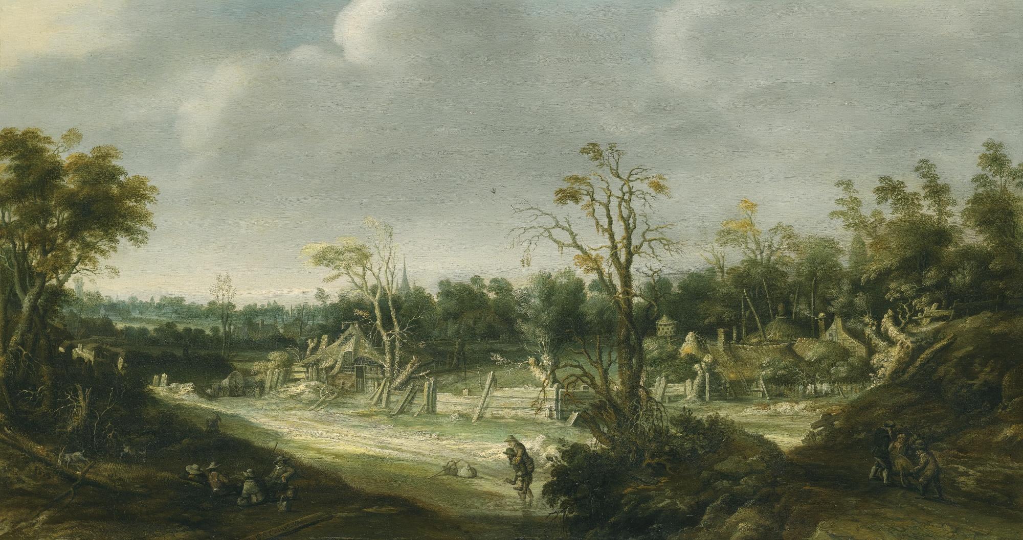 Joachim Govertsz. Camphuysen - A Landscape With Travellers Near A Hamlet