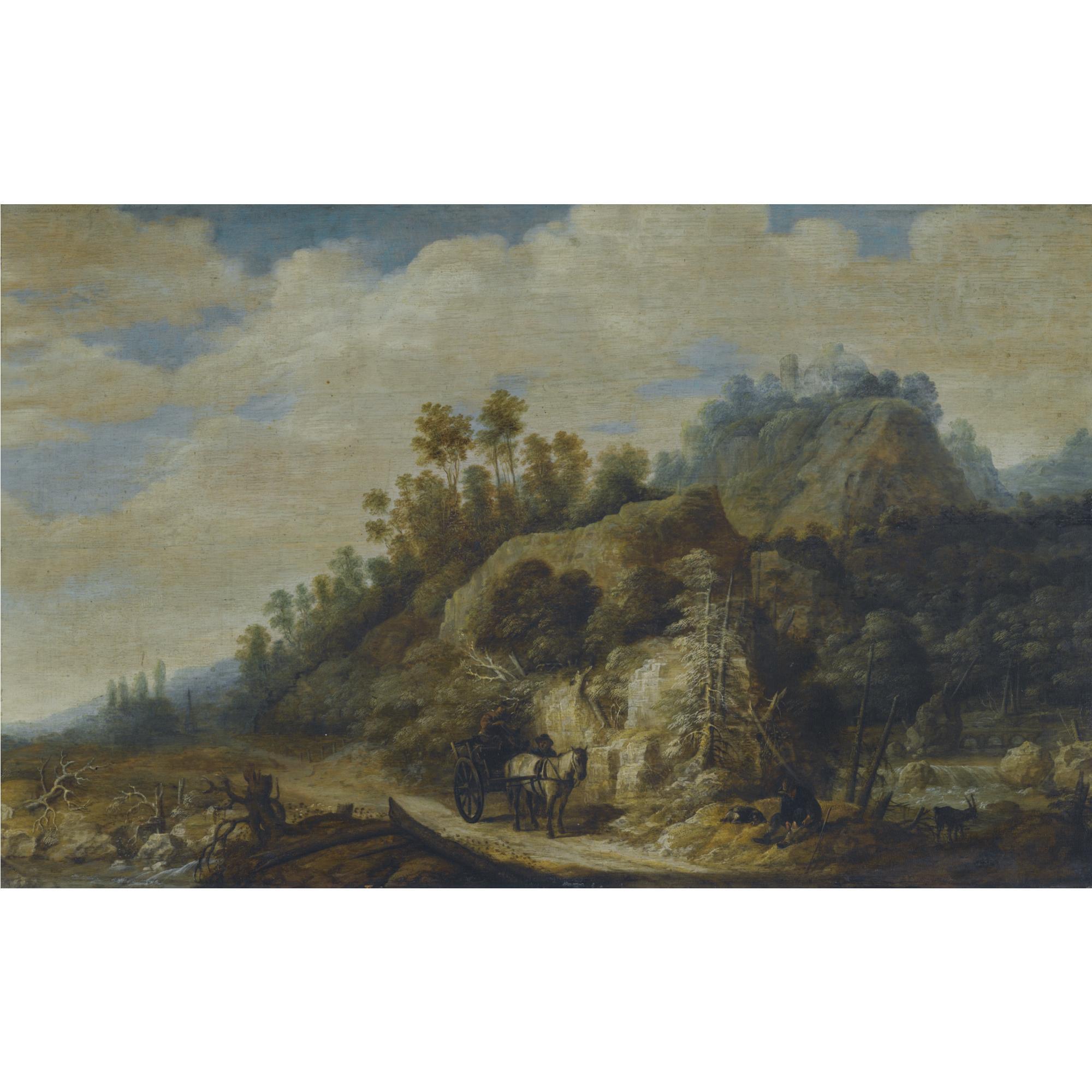 Joachim Govertsz. Camphuysen - A Mountainous Landscape With Figures Walking Along A Path With A Horse And Cart