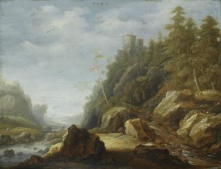 Joachim Govertsz. Camphuysen - A Rocky Mountain Landscape With A Stronghold On A Hill Top, Shepherds With Their Flock Beyond