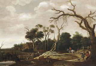 Joachim Govertsz. Camphuysen - A Wooded Landscape With Travellers On A Road, A Swineherd Near The River Bank And A Village Beyond