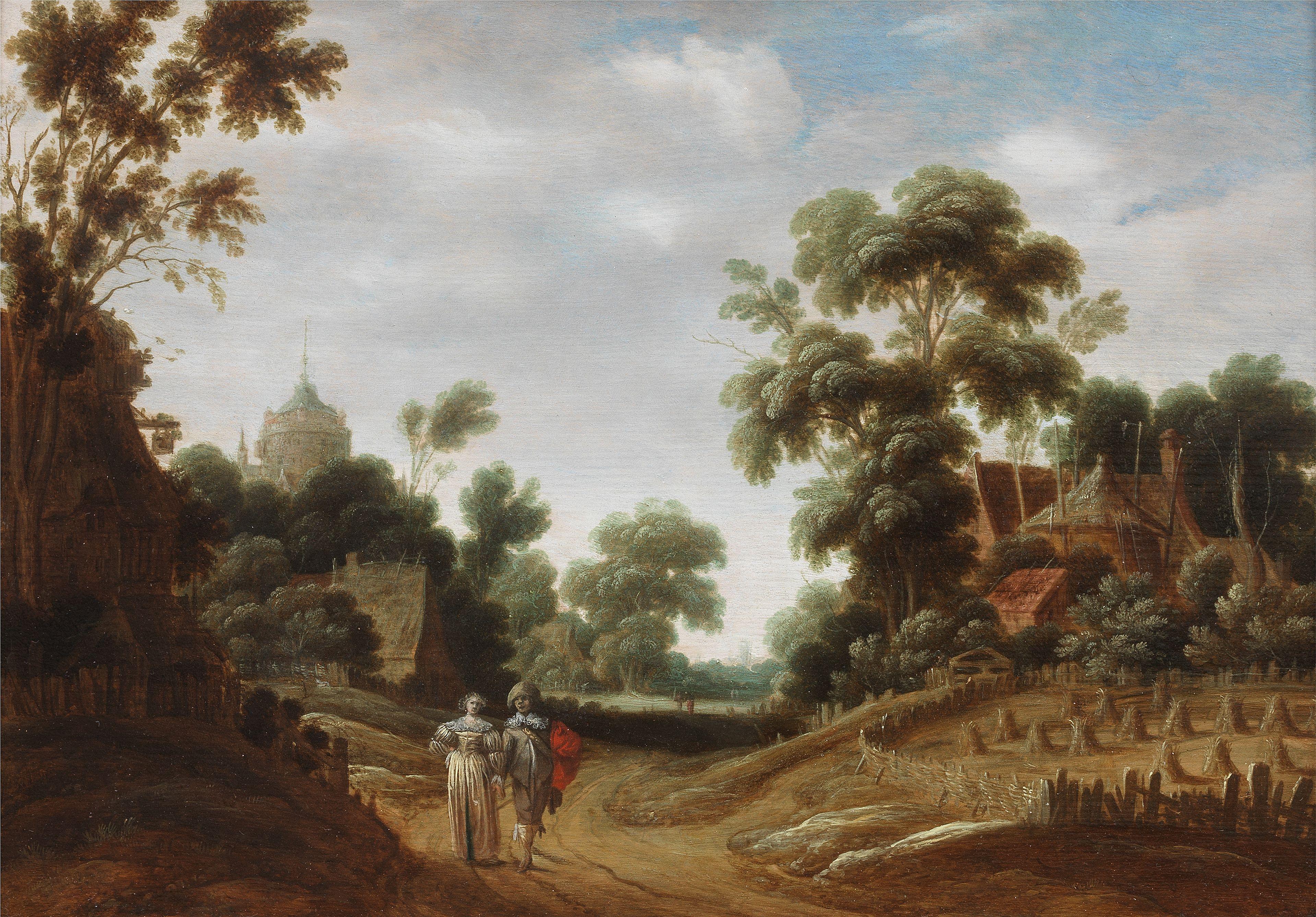 Joachim Govertsz. Camphuysen - Two elegant figures strolling down a country lane