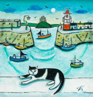 Joan Gillchrest - View Of Newlyn Harbour With Cat