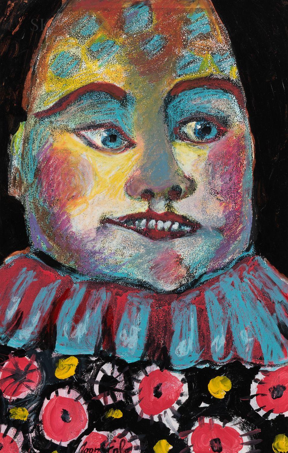 Joan Udell Erbe - Clown Signed \'Joan Erbe\' lower center. Mixed media on paper/board, matted and framed. sight 16 5/8 x 10 5/8 in. (42.3 x 27.0 cm)