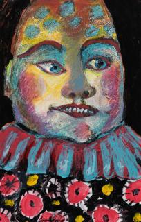 Joan Udell Erbe - Clown Signed \'Joan Erbe\' lower center. Mixed media on paper/board, matted and framed. sight 16 5/8 x 10 5/8 in. (42.3 x 27.0 cm)
